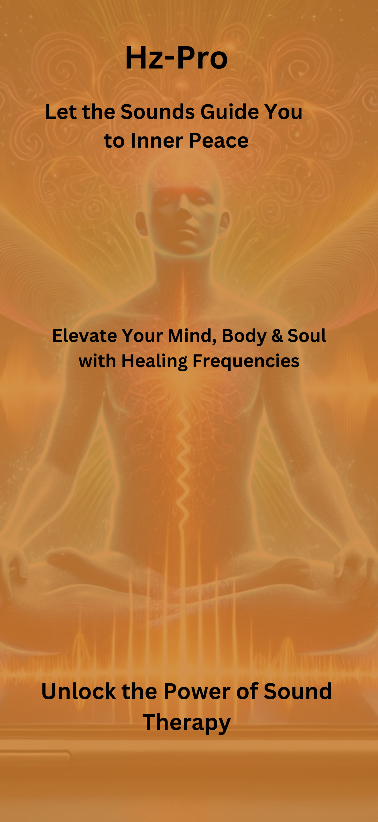 Hz-Pro welcome screen displaying the app name and calming introduction message inviting users to begin their sound frequency journey