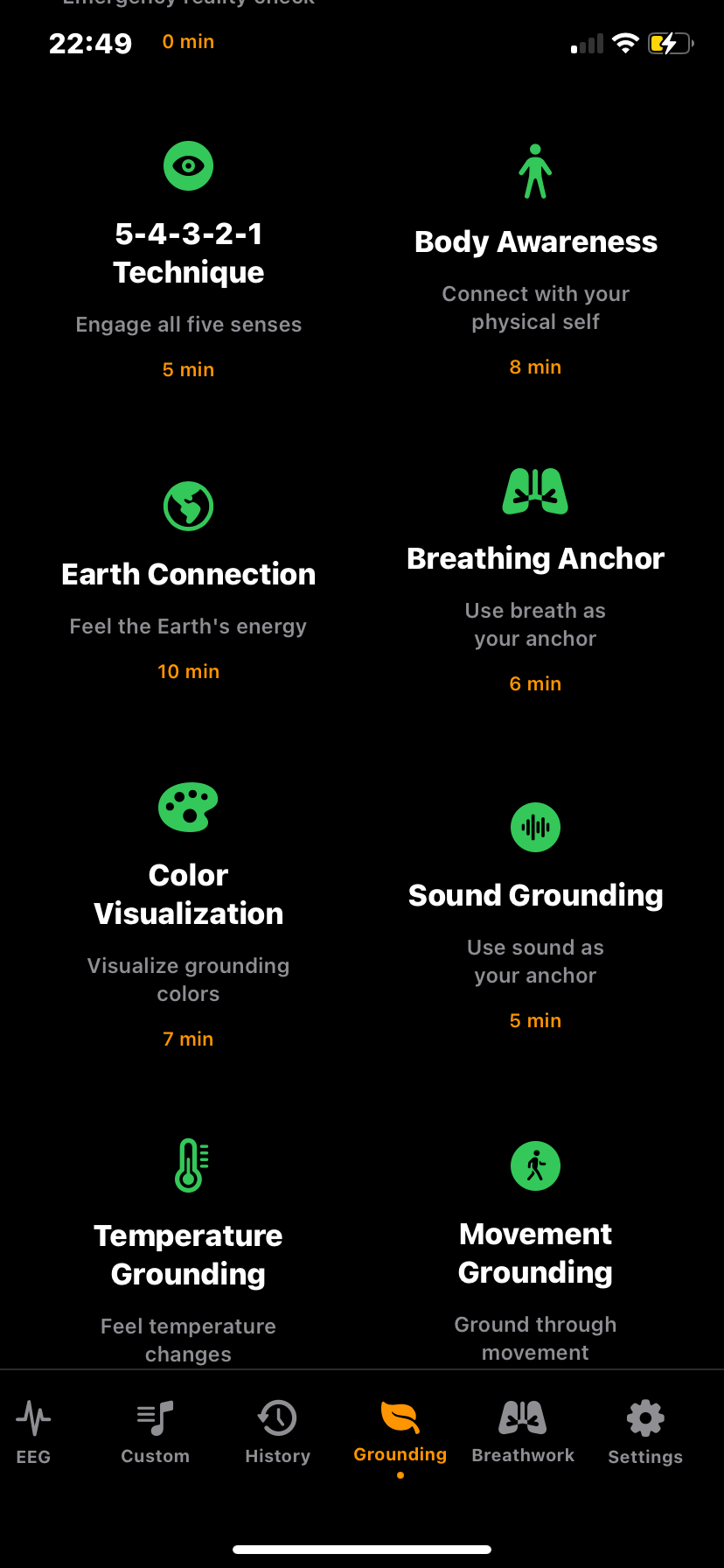 Hz-Pro grounding techniques selection screen showing multiple guided options users can choose to begin their grounding practice