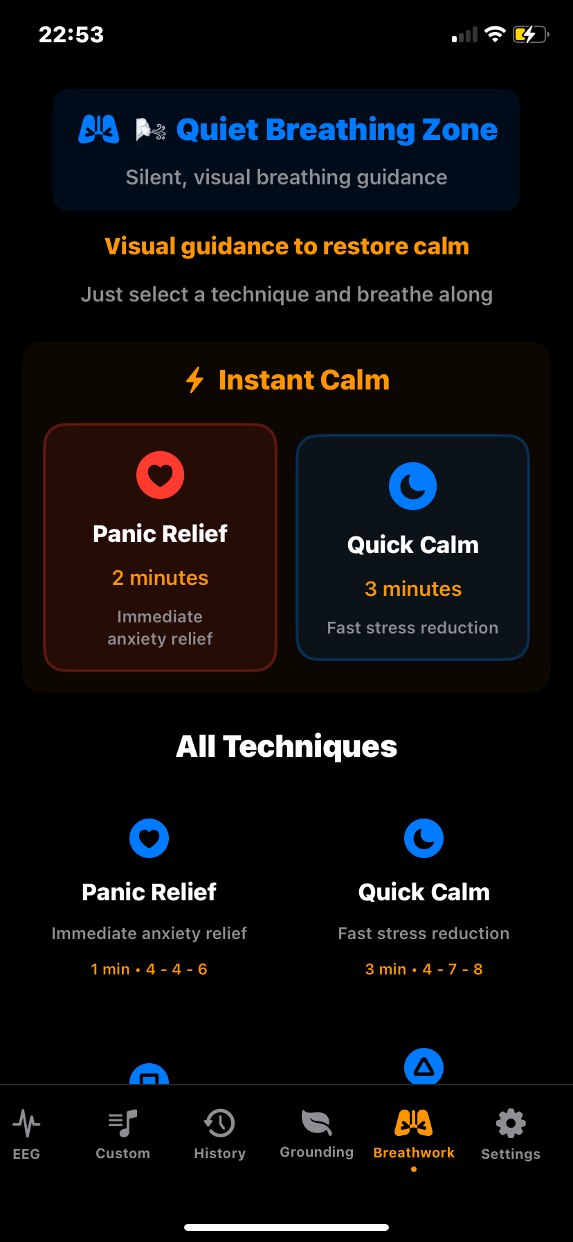 Hz-Pro breathing home screen showing various breathwork techniques users can explore and select for guided practice