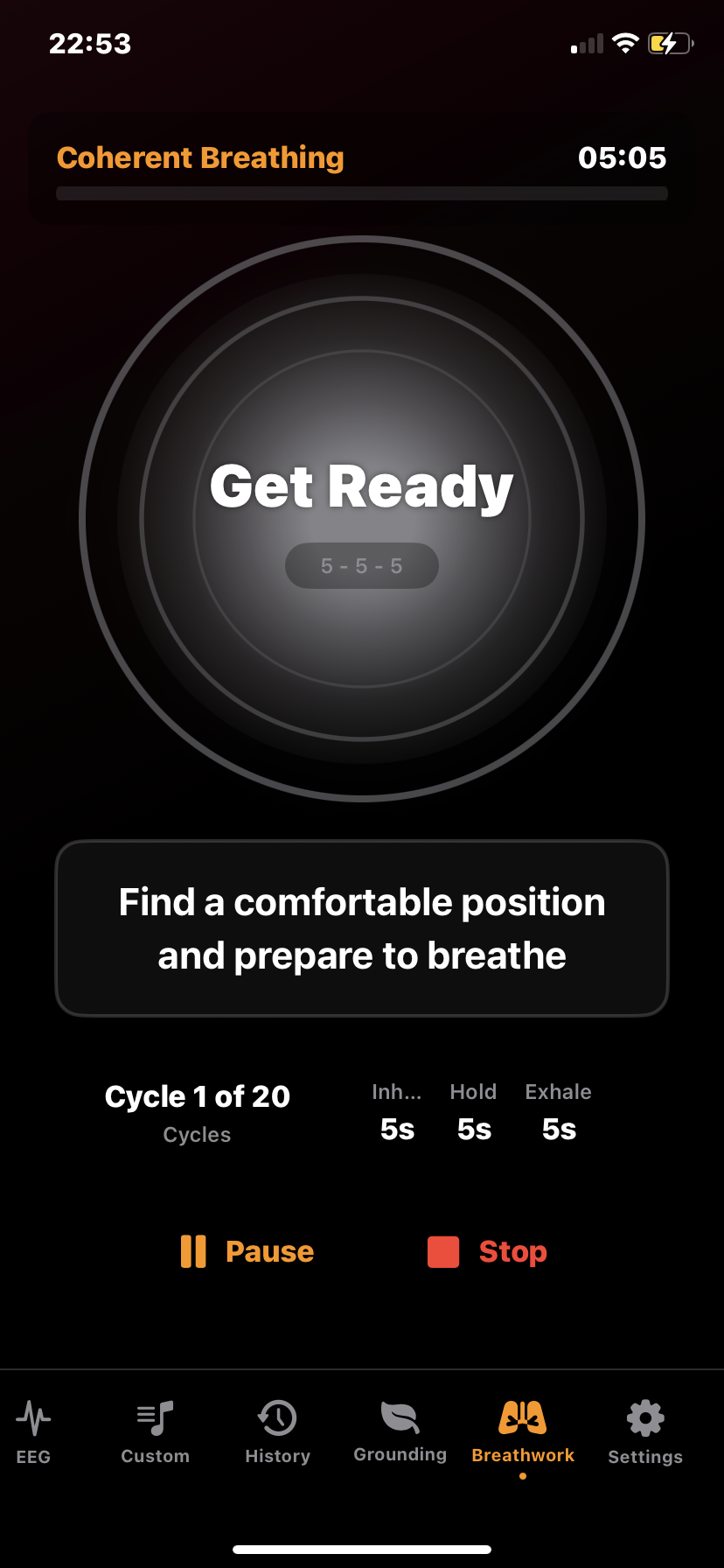 Hz-Pro breathing technique practice screen with guided inhale and exhale animations to support focused breathwork and relaxation