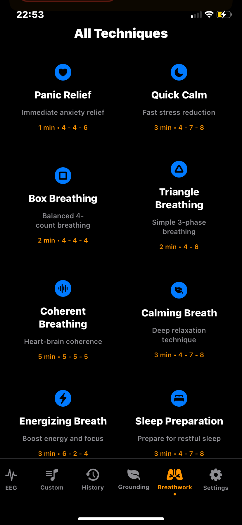 Hz-Pro breathing technique selection screen showing multiple breathwork styles users can choose for guided practice