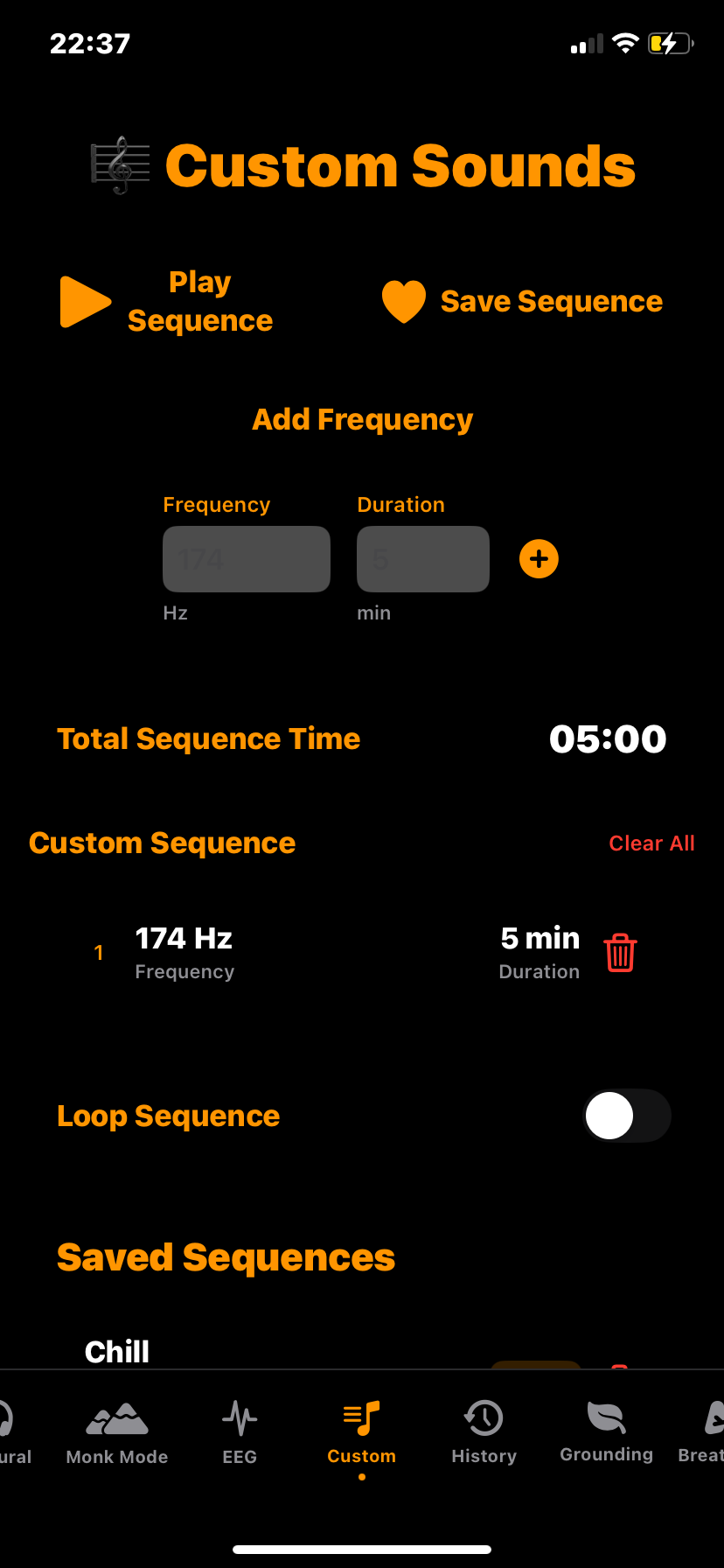 Hz-Pro custom sound builder screen where users can create a personalized meditation session by adding multiple binaural or isochronic frequencies with specific durations