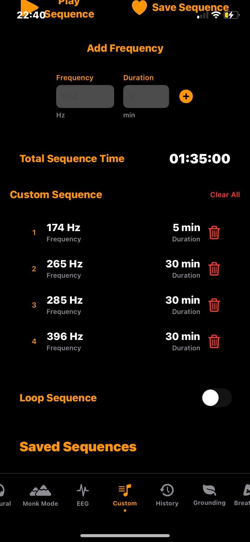 Hz-Pro custom session setup screen where users can enter different frequencies and time intervals to create a personalized tone-shifting meditation experience
