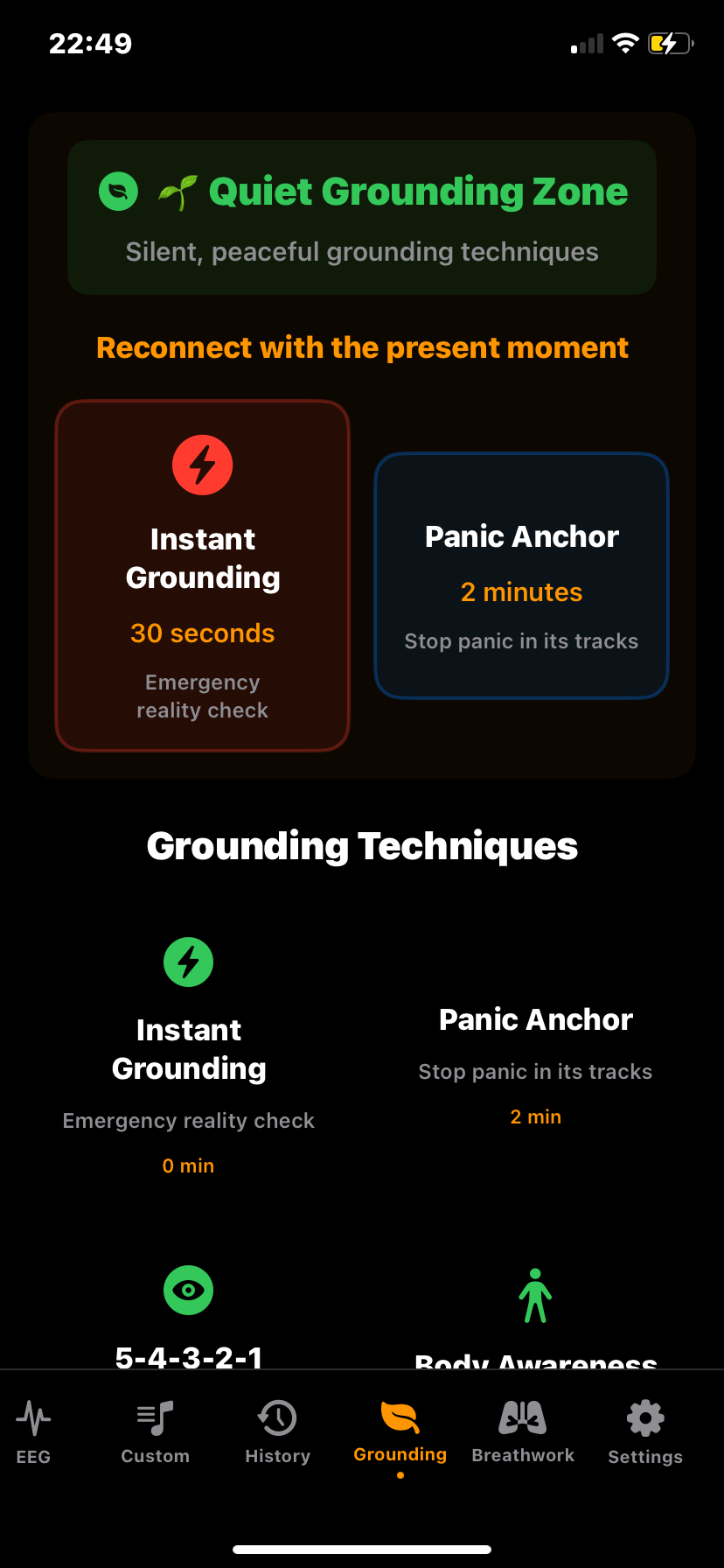 Hz-Pro grounding home screen where users can view and select from a variety of guided grounding techniques