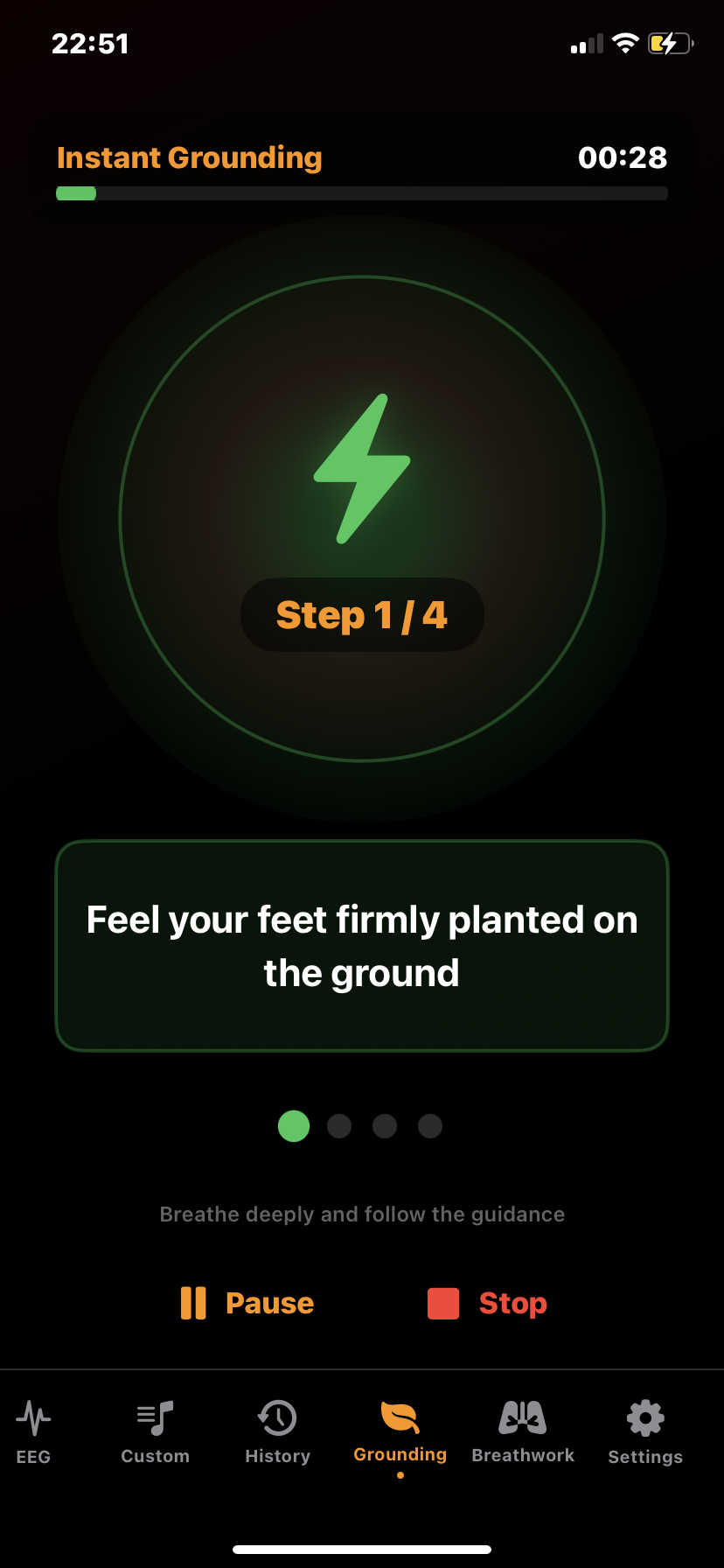 Hz-Pro grounding practice screen with guided techniques to help users relax, reconnect, and center themselves