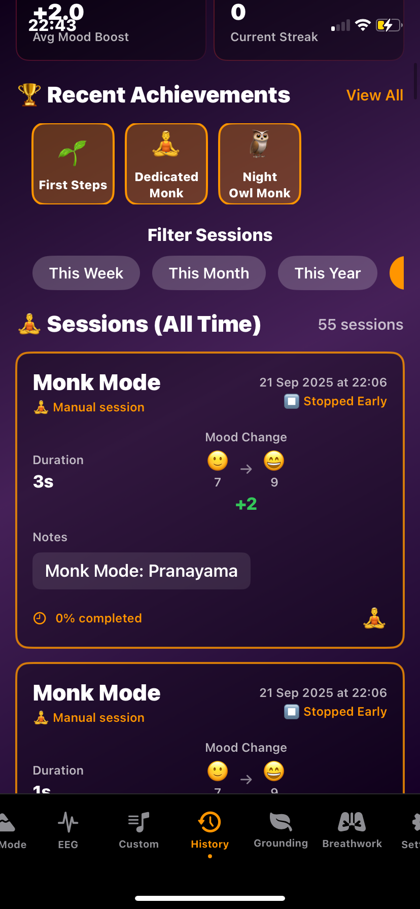 Hz-Pro meditation history and achievements screen showing user progress, session stats, and earned milestones from regular practice