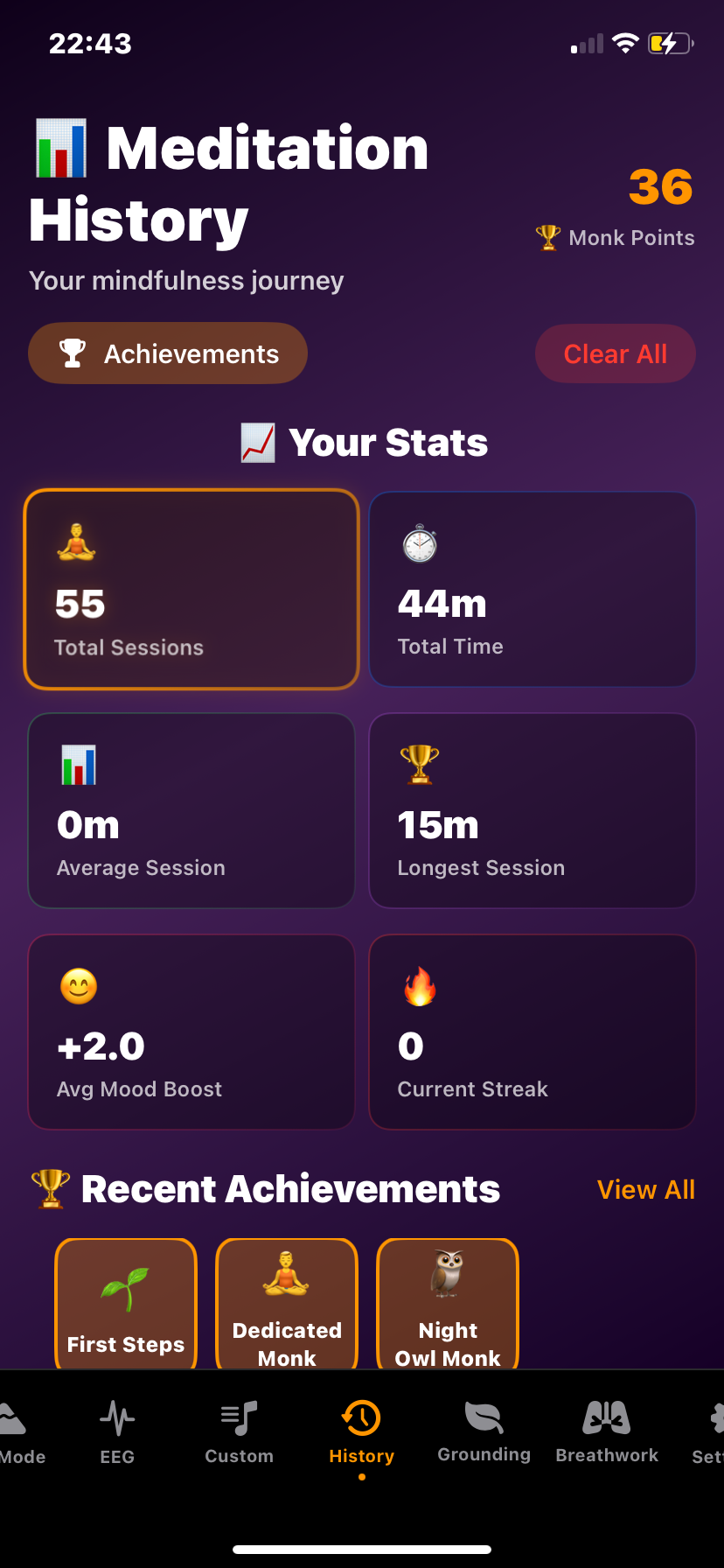 Hz-Pro meditation history screen displaying detailed logs of past sessions, including dates, durations, and progress tracking