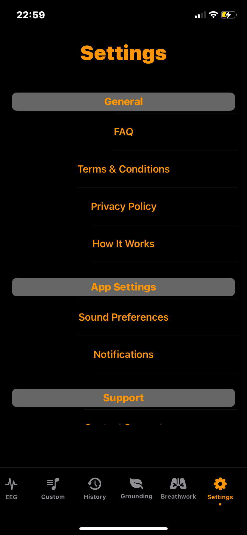 Hz-Pro main settings screen with options for sound preferences, session duration, language, sync, and general app controls