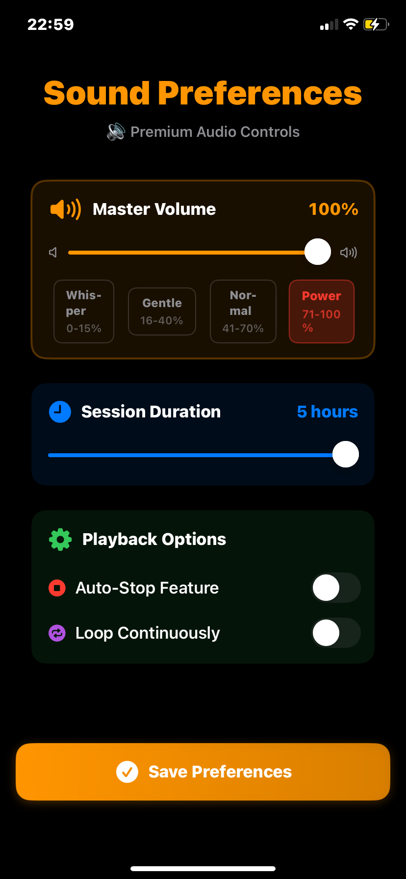 Hz-Pro sound preferences screen showing controls to adjust main volume and set the length of sound generation for meditation sessions