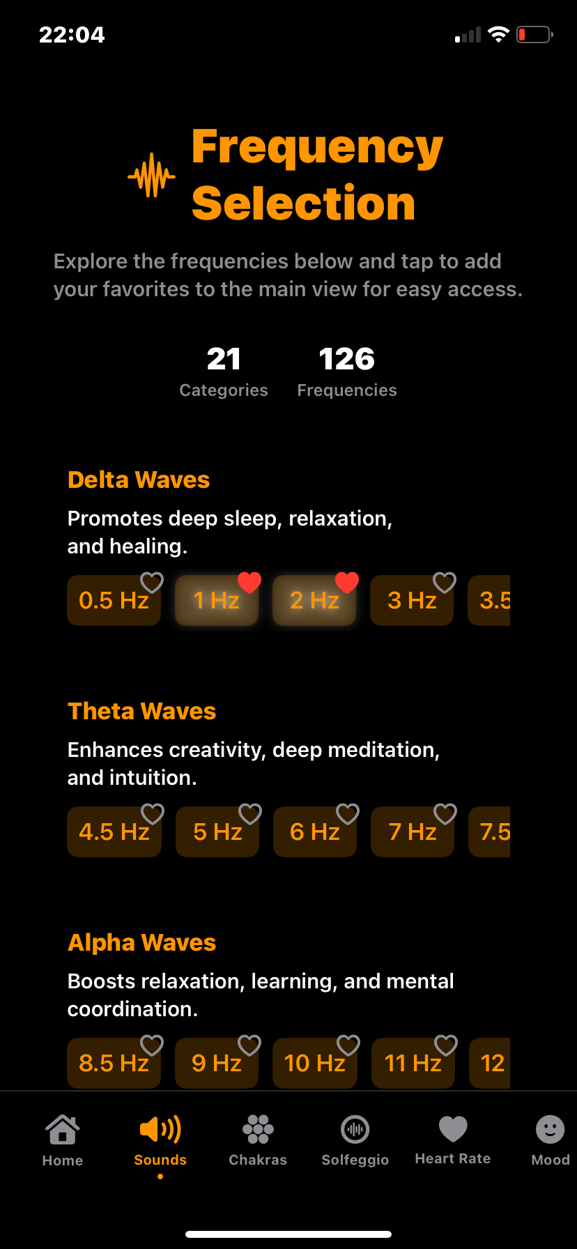 Hz-Pro frequency selection screen where users can browse and choose their favorite sound frequencies to use in the main meditation and healing sessions