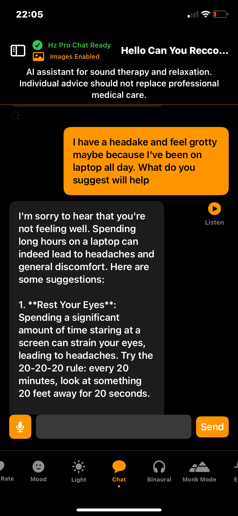 Hz-Pro AI Therapist Chat screen where users can talk to a virtual therapist for emotional support, mindfulness advice, and reflective conversation