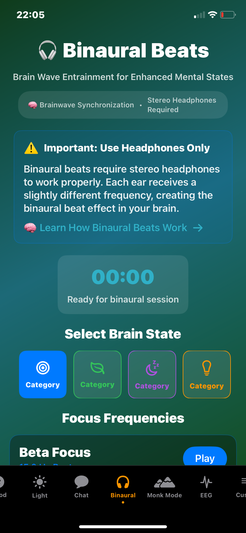 Hz-Pro Binaural Beats screen showing sound frequency-based brainwave guidance for meditation, sleep, and focus