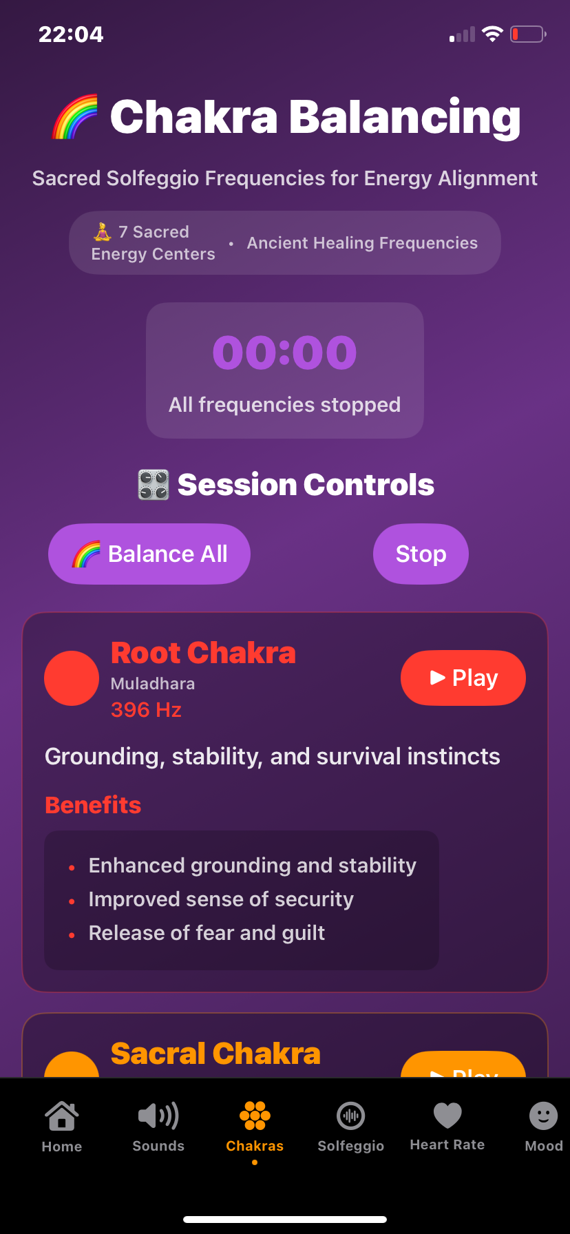 Hz-Pro Chakra screen showing the full chakra system with visualization of all seven energy centers, allowing users to explore, activate, or balance each chakra through sound and meditation