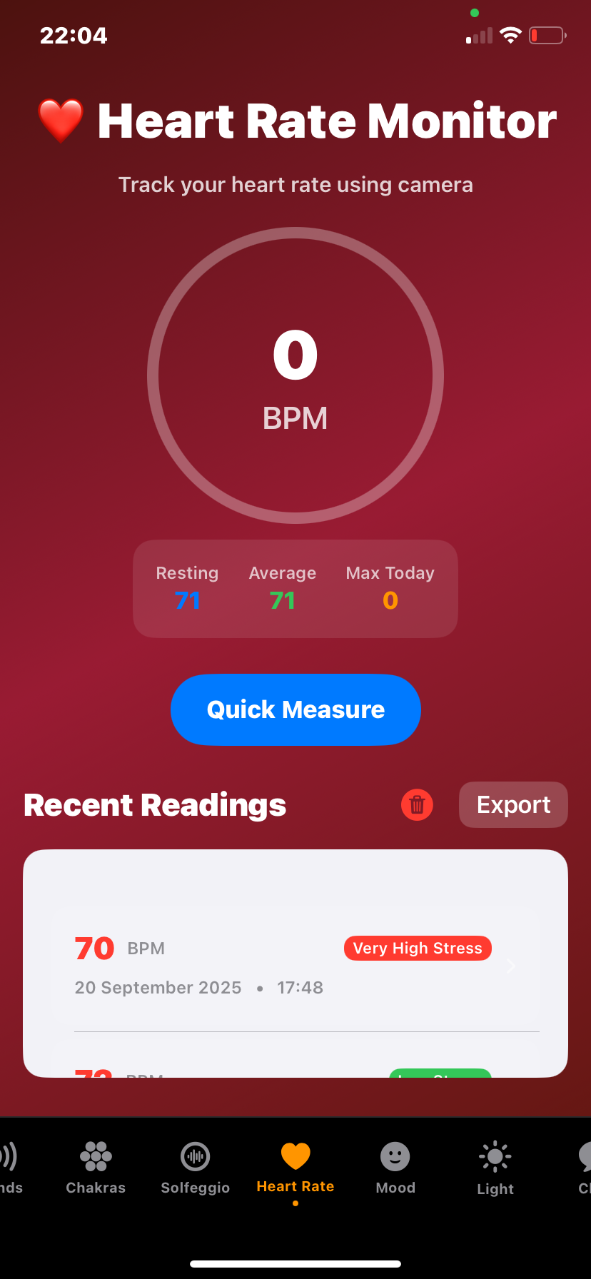 Hz-Pro Heart Rate Monitor screen showing real-time BPM using the phone camera, resting and average rates, and recent readings with stress level indicators