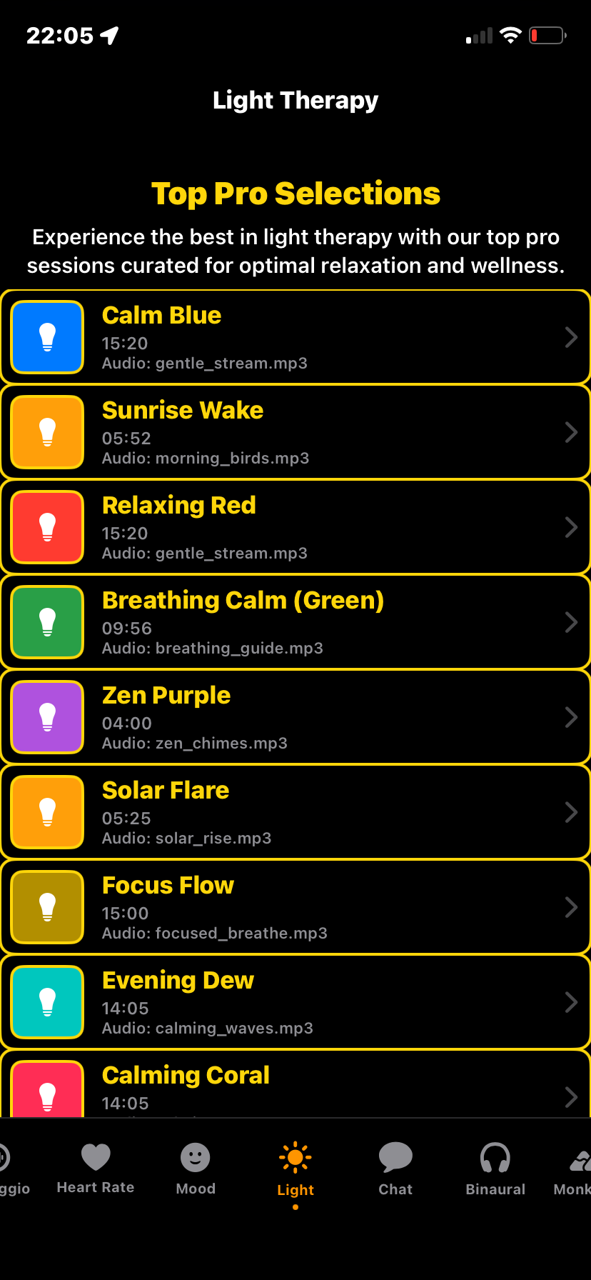 Hz-Pro Light Therapy screen displaying visual light patterns designed to support relaxation, focus, or mood enhancement during meditation