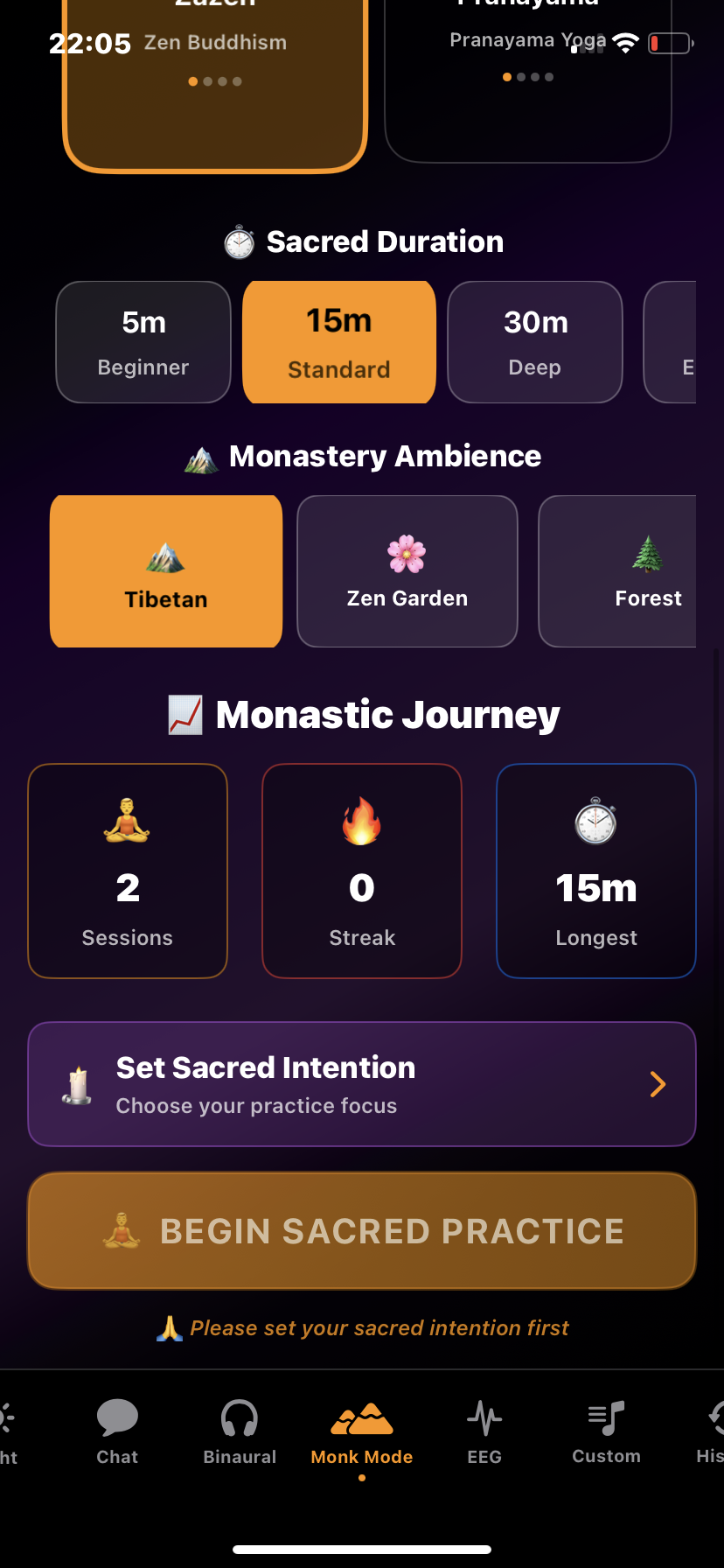 Hz-Pro Monk Mode main setup screen showing options to choose a meditation style like Zazen or Pranayama, select session duration, pick a monastery ambience like Tibetan or Zen Garden, track session stats, and set a sacred intention before beginning practice