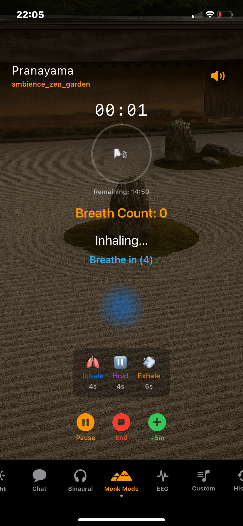 Hz-Pro Monk Mode screen for practicing Buddha’s teachings through guided meditation and mindfulness exercises