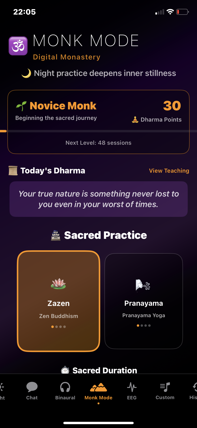 Hz-Pro Monk Mode top view showing the user's Novice Monk level, Dharma points, daily Dharma teaching, and selectable sacred practices like Zazen and Pranayama