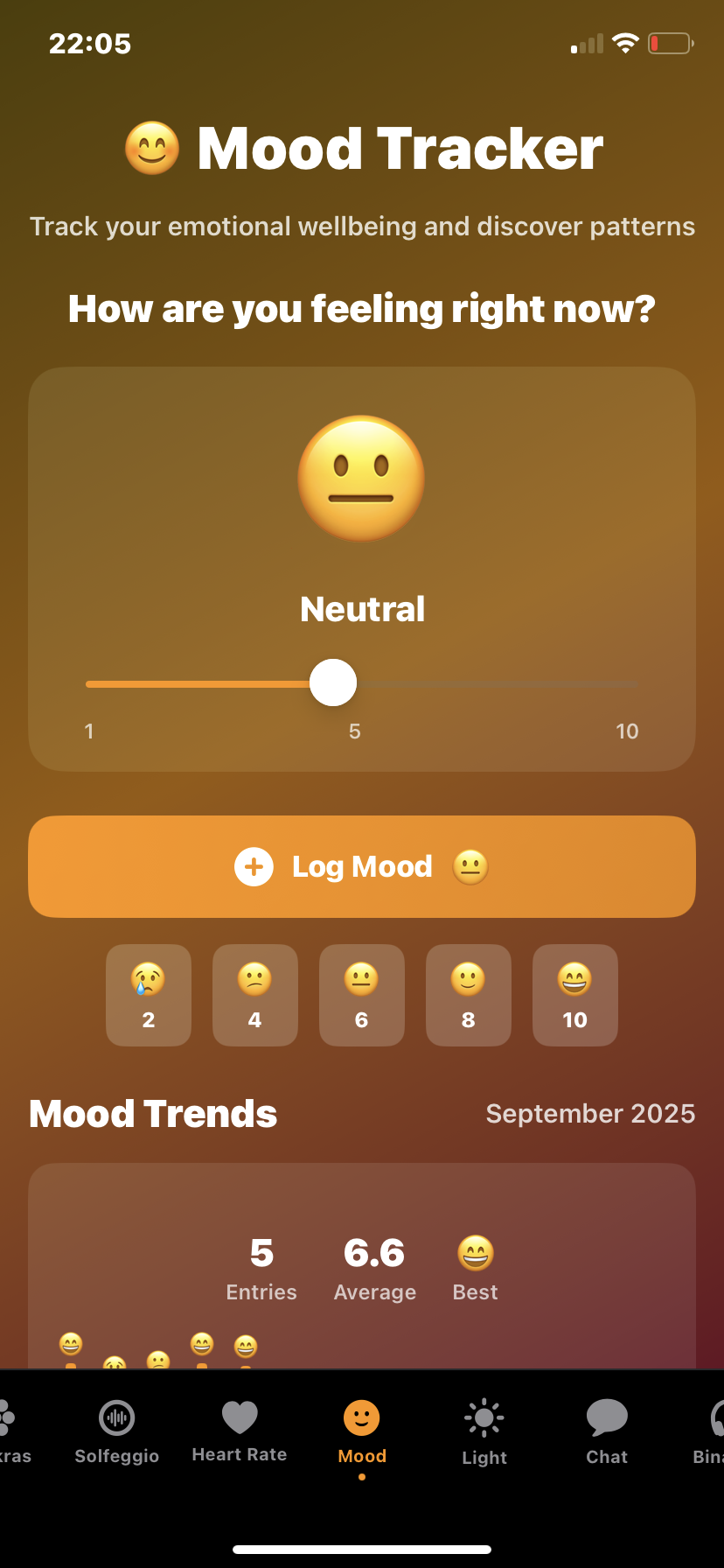 Hz-Pro Mood Tracker screen where users log their current mood using an emoji scale, view emotional trends over time, and track overall wellbeing