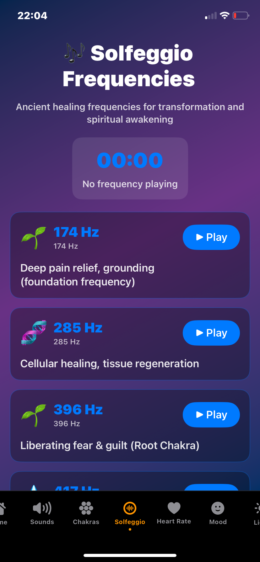 Hz-Pro Solfeggio Frequencies screen featuring ancient healing tones like 174 Hz for grounding, 285 Hz for cellular healing, and 396 Hz for releasing fear and guilt, with options to play each frequency